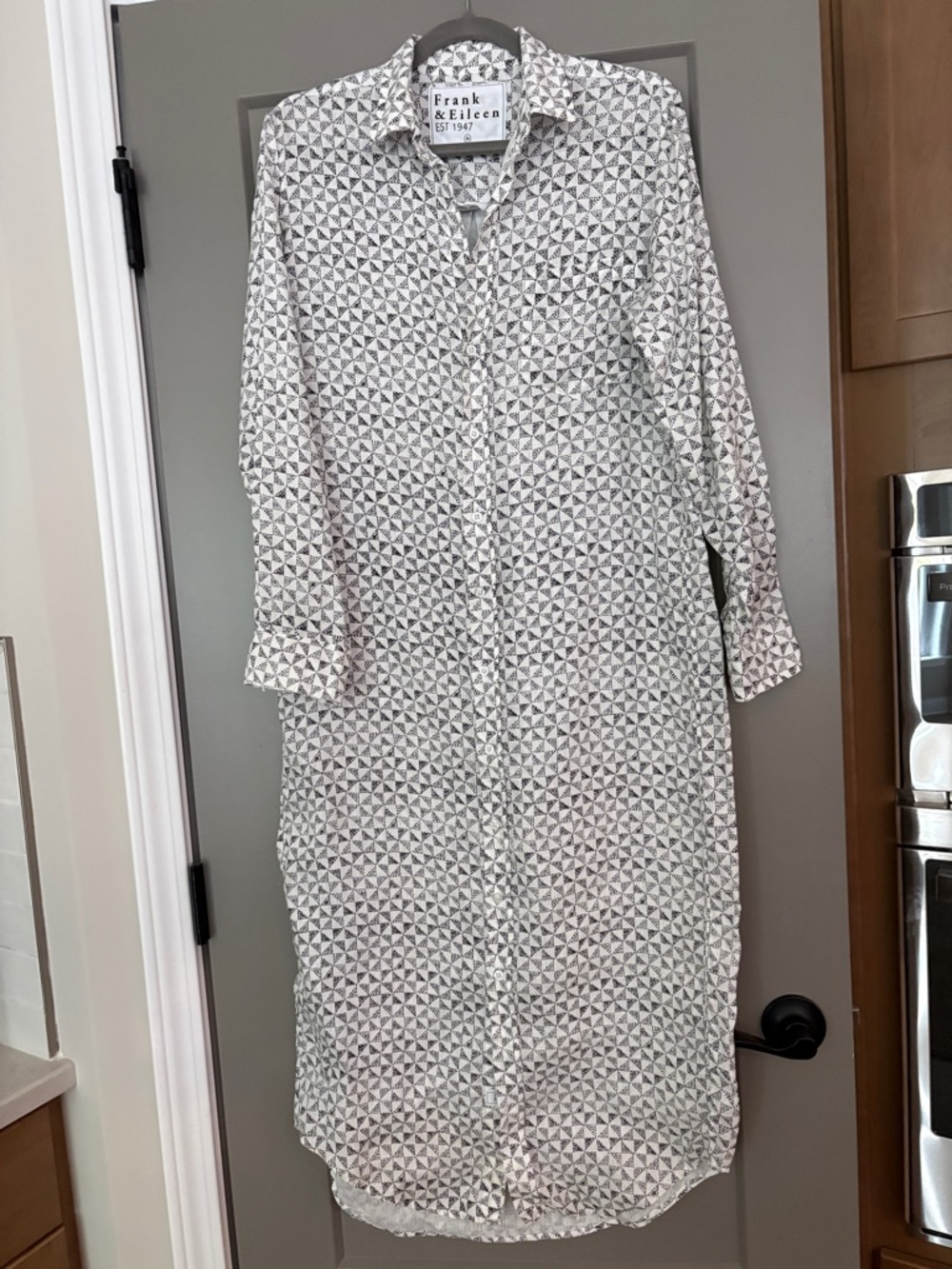 Frank & Eileen Rory White Geometric Print Linen Cotton Button Up Maxi Dress XS